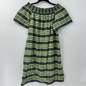 J. Crew Collection 100% silk off the shoulder dress emerald plaid size 6